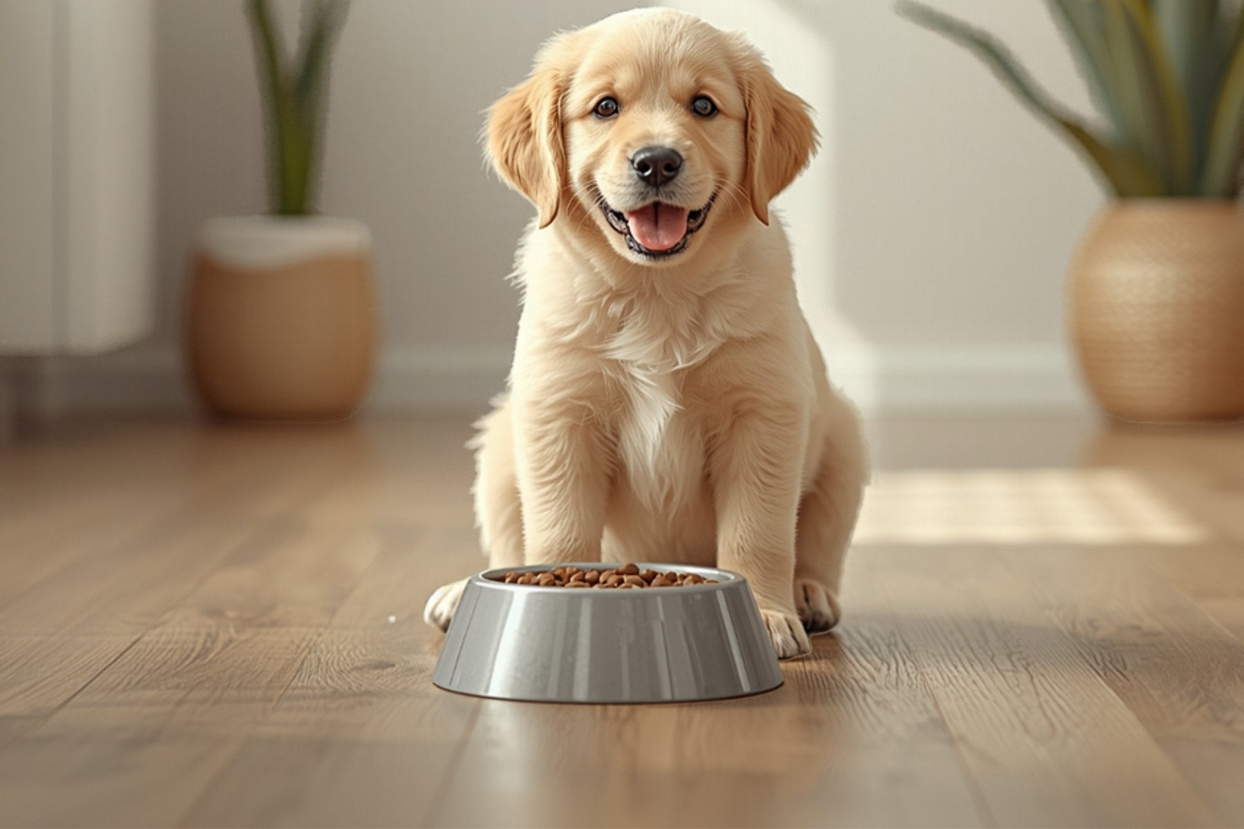 Cachorro golden retriever sentado junto a un plato de croquetas