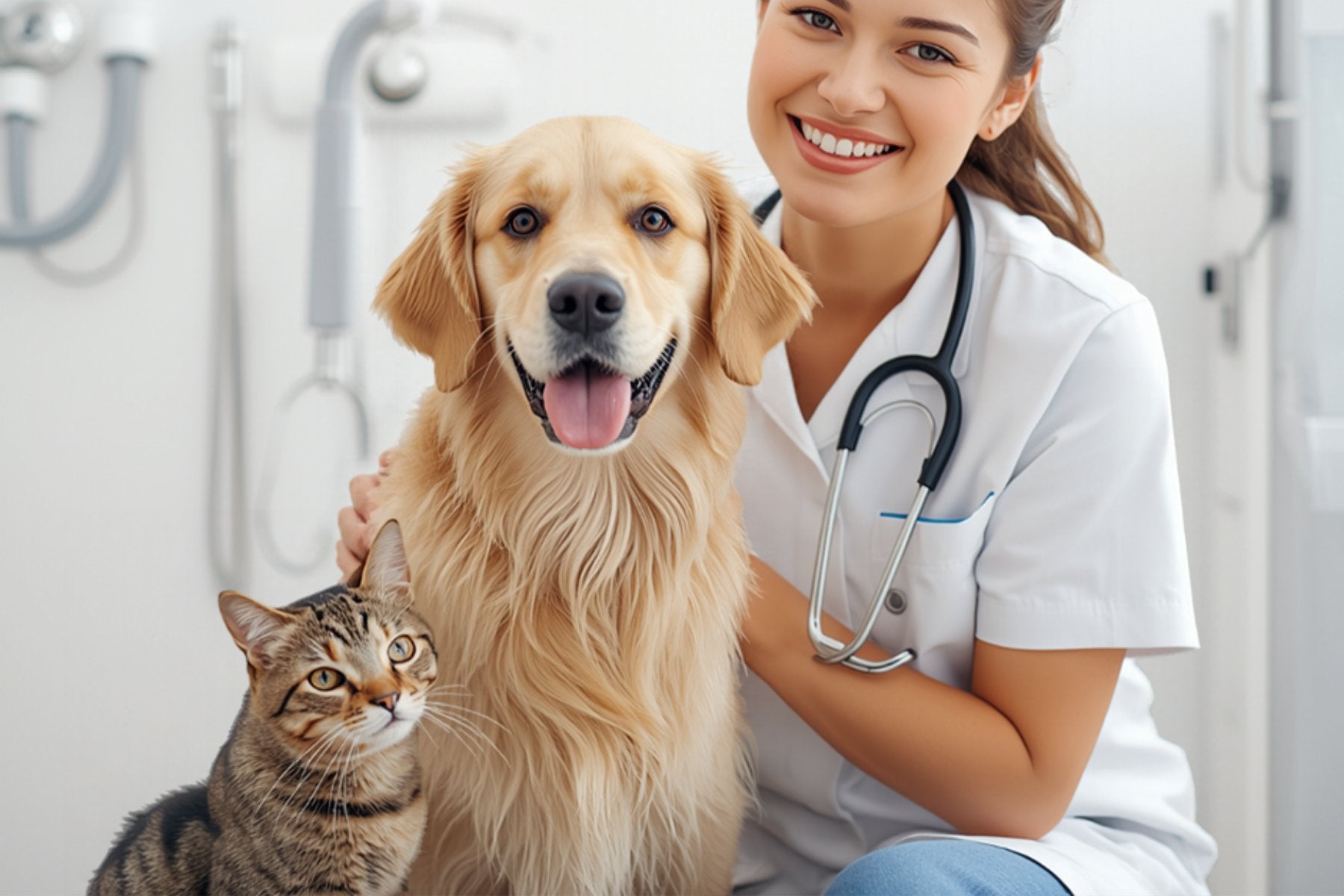 Veterinaria sonriendo junto a un perro golden retriever y un gato