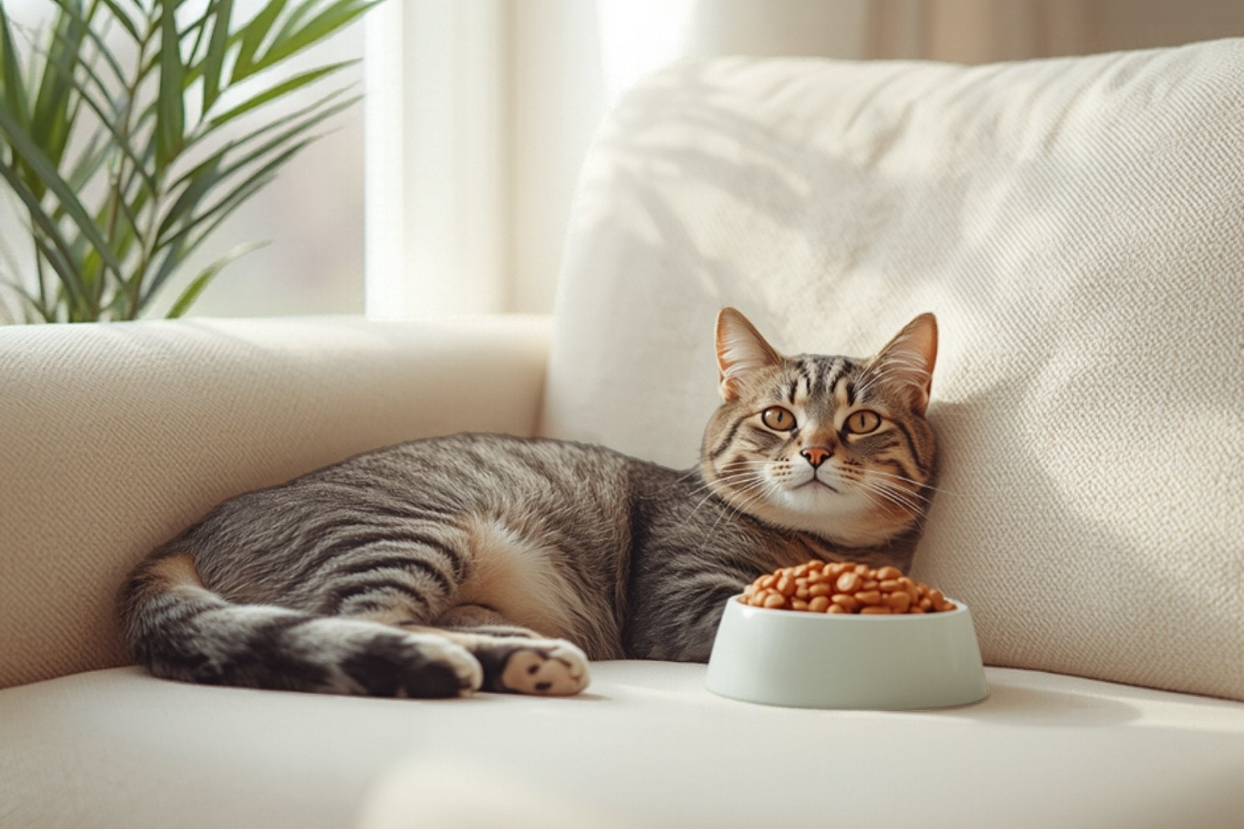 Gato senior atigrado descansando en un sofá junto a su plato de comida