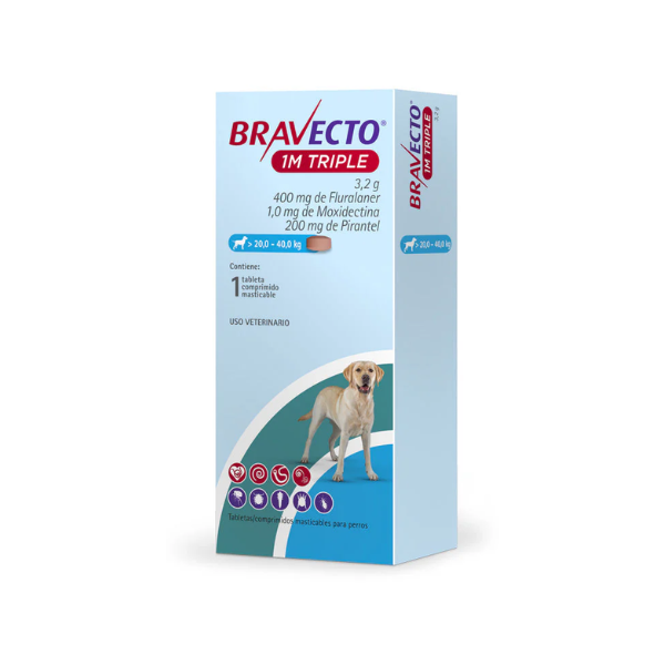 BRAVECTO TRIPLE 1M 1TAB - MASTICABLE - ANTIPULGAS Y GARRAPATAS